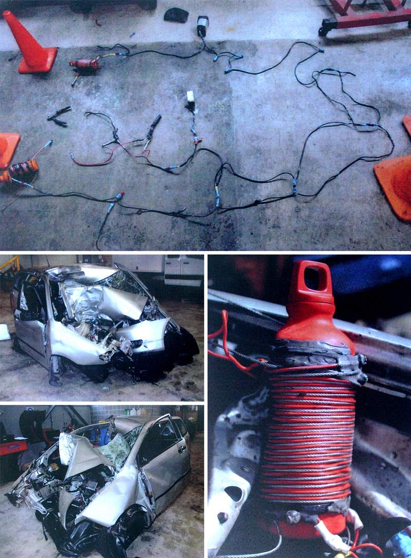 (top) The elaborate electrical circuit Milne built to detonate the bombs. (right) One of the petrol bombs Milne installed in the car. (left) The wreckage of the car after Darren Milne drove it into a tree at 85 kph. (Photos: Coroner’s Court)