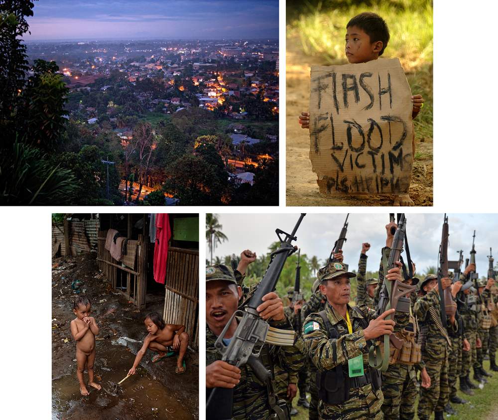 L-R from top, scenes from Mindanao: Cagayan de Oro, children in the city, rebels of the Moro Islamic Liberation Front.