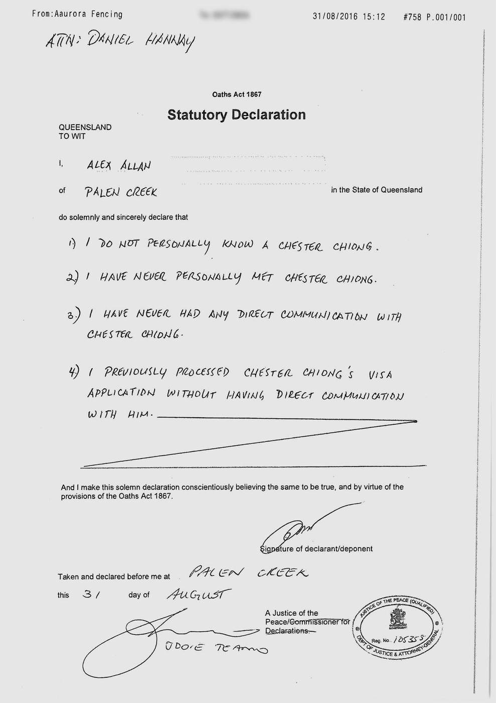 Read Alex Allan's statutory declaration.