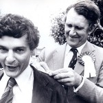 Election ’75 -- Malcolm Fraser uses Ben as a lectern to autograph a how-to-vote card on the campaign trail in Warnambool.